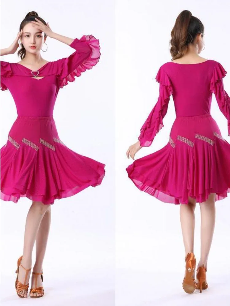 Ruffle Dance Sports Costume Latin Tops Skirts Practice Women Sequins Cabaret Competition Wear Woman Solid Color Suit Clothes