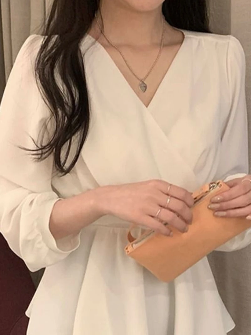 

Chic Korean Sle Women's irt Ele V-ne Long Sve Chiffon Blouse Sweet Waist-cinching Belted Faionable Office Wear