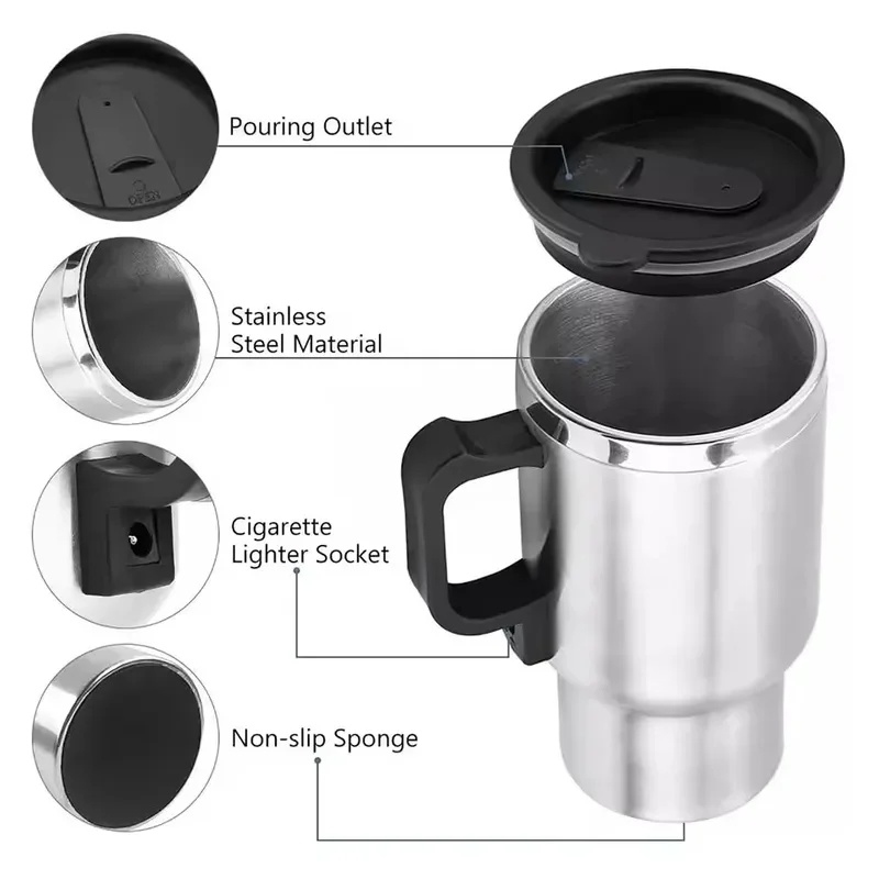 12V Car Electric Heating Cup, 450ml Stainless Steel Inner Tank Vehicle Water Heater, Portable Car Travel Heating Thermos Mug