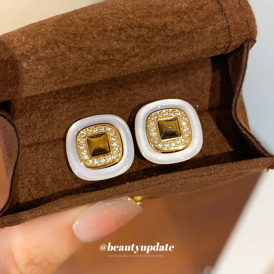 Square White Enamel Stud Earrings Brown Tiger Eye Center Micro Pave Zircon Border Gold Tone Metal Frame Piercing Jewelry