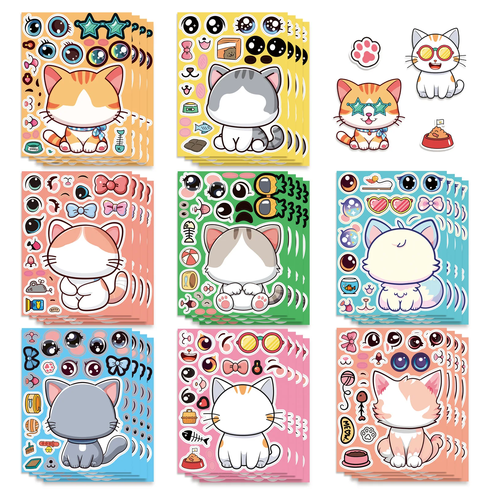 8Sheets Cat Face Changing Stickers Children's DIY Puzzle Toy Decals Phone Laptop Luggage Refrigerator Decorative Stickers