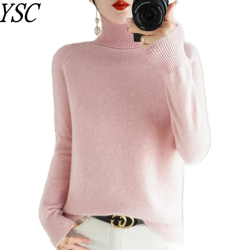 YSC 2023 Winter New Women's Knitting wool blend sweaters High Turn-down collar Solid color high-quality Loose and warm pullover