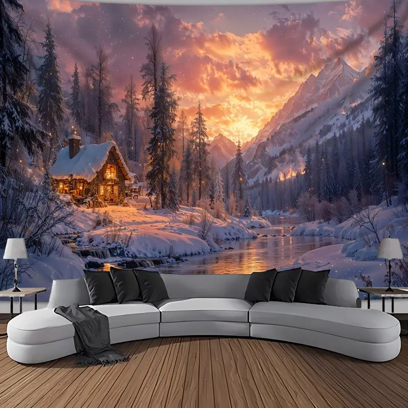 VIKAMA Winter Snow Landscape Tapestry Cabin Mountain River Sunset Pine Forest Scenic Wall Hanging Living Room Decor