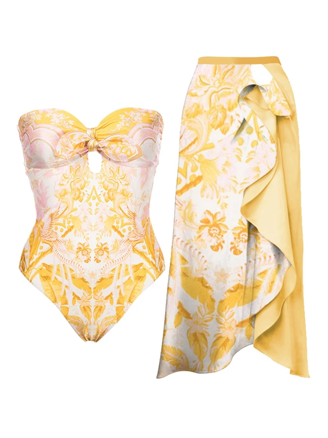 Women's Summer New Yellow Pattern Print Strapless Chest Wrap Tight Integrated Peplum Pleated Fashion Bikini And Beach Cover Up