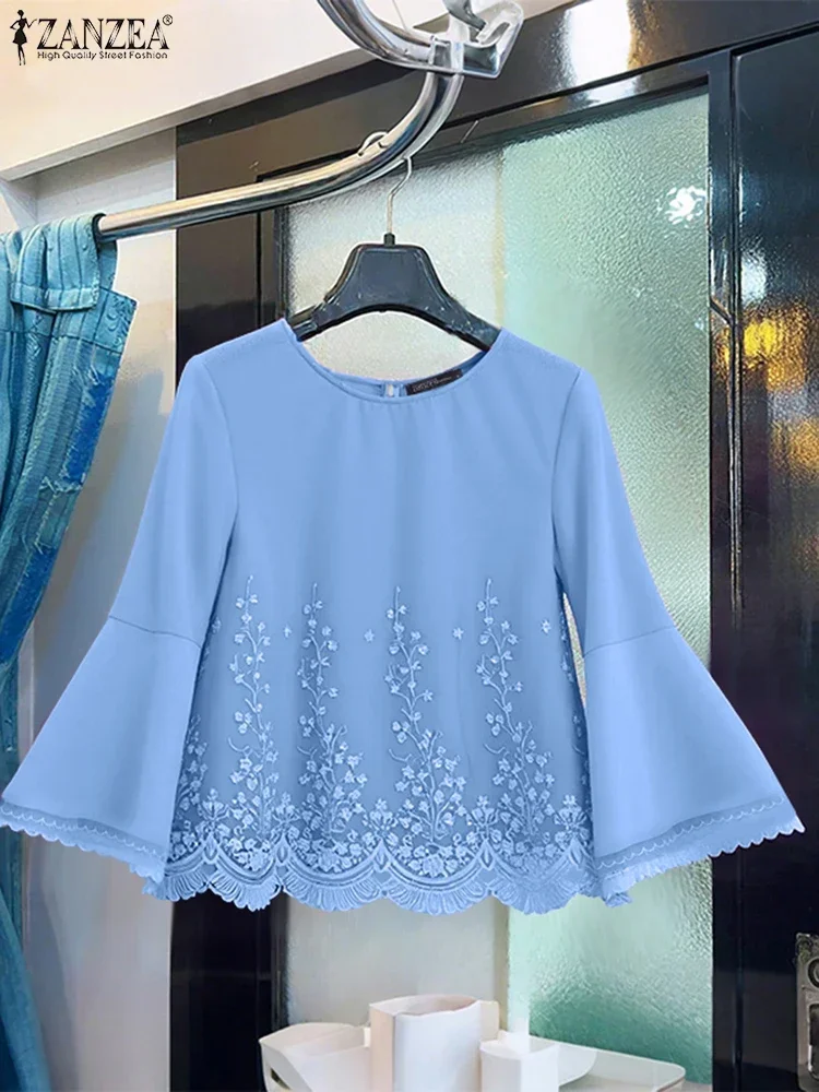

Women Tops ZANZEA Elegant Blouse 2025 Autumn Flare Sleeve Mesh Patchwork Casual Fashion Shirts Round Neck Office Work Blusas