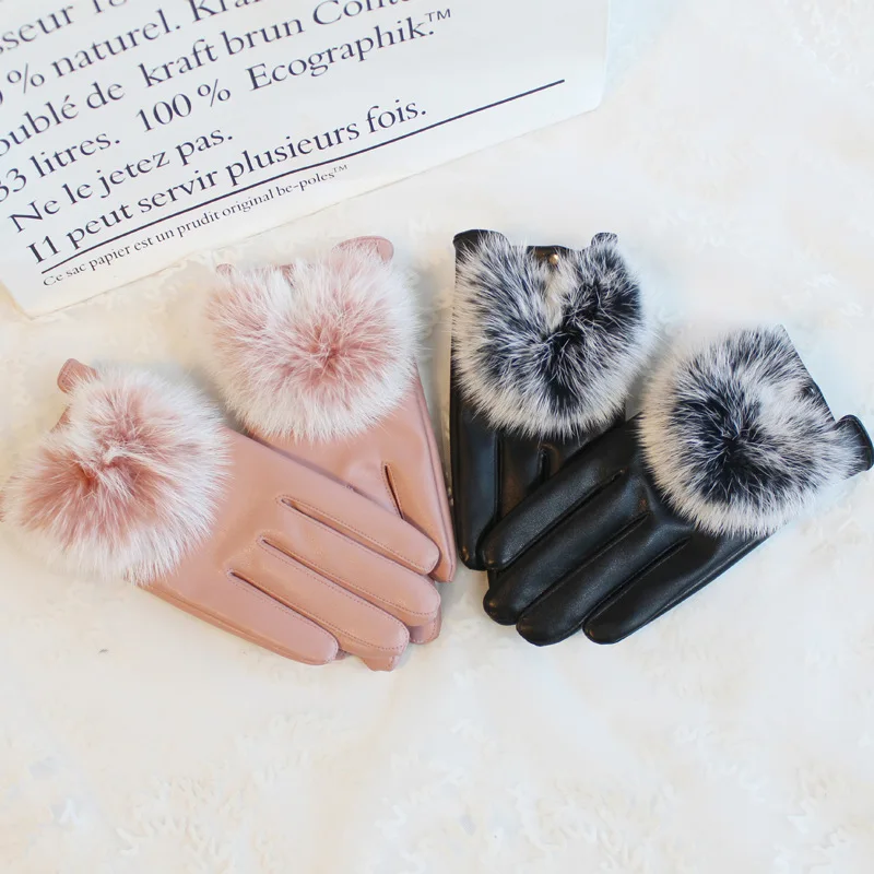 

Women Winter PU Leather Gloves Driving Electric Scooter Touchscreen Fleece Lined guants mujerRabbit Hair Cold-proof Cute Gloves