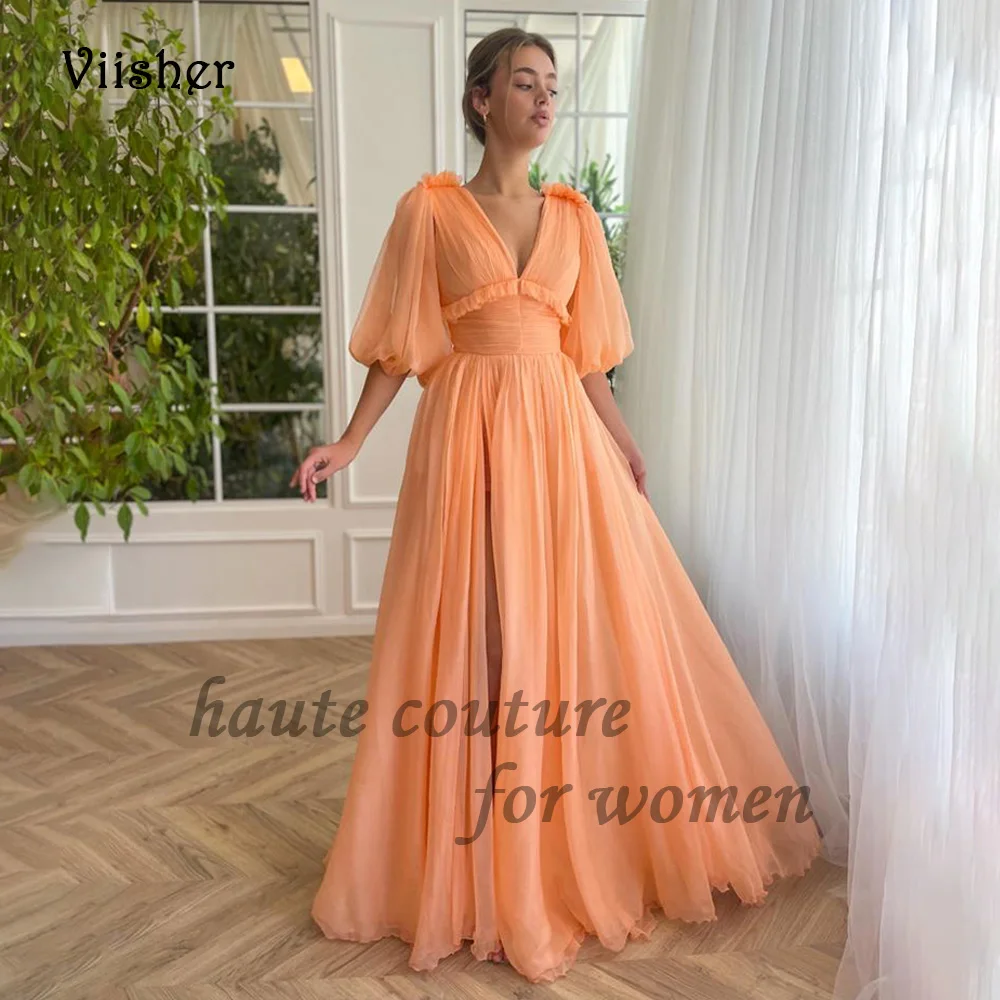 

Orange Chiffon Prom Dresses Puffy Sleeve V Neck A Line Evening Party Dress with Slit Floor Length Formal Prom Gowns Lace Up Back