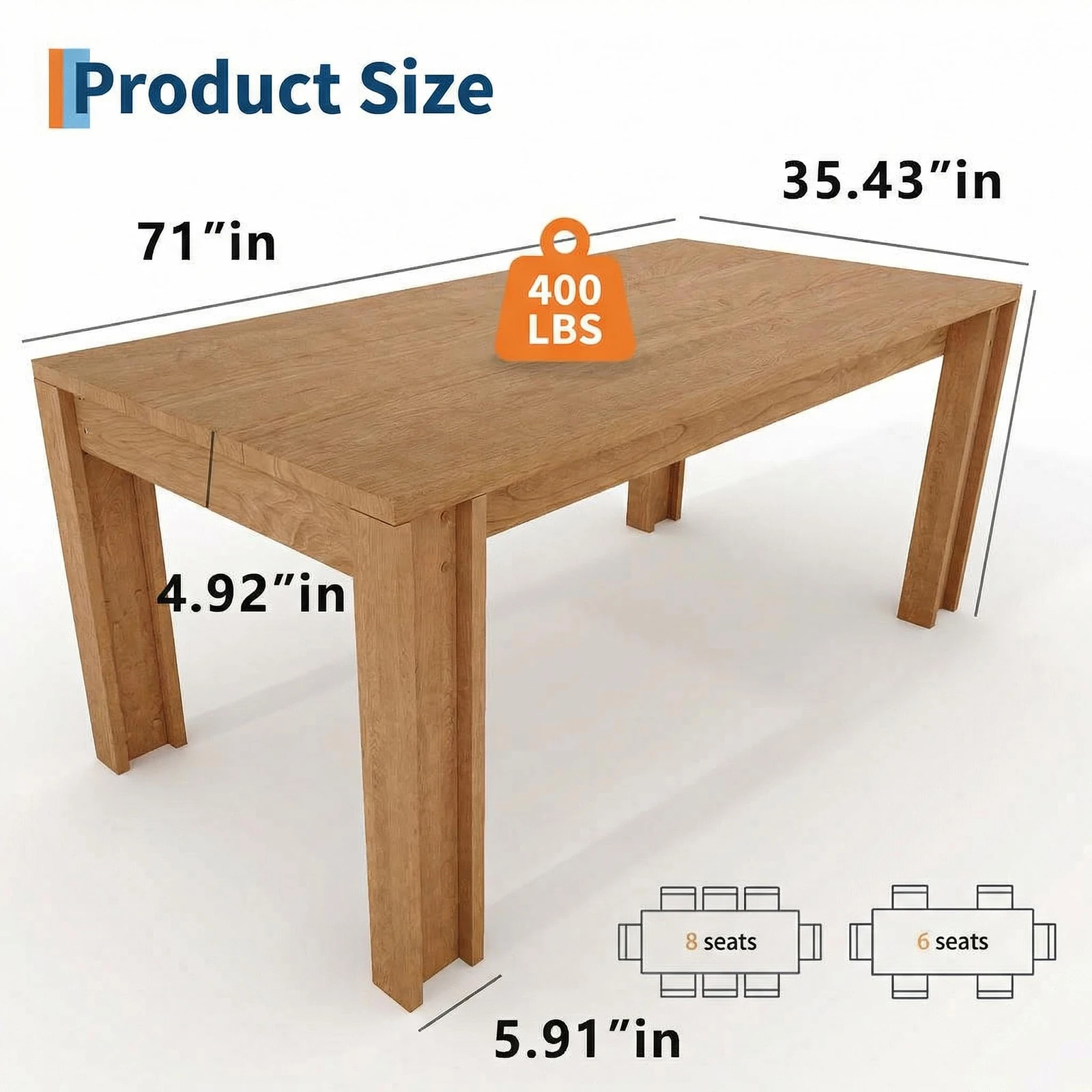 71 Inch Farmhouse Dining Table For 6-8, Rectangular Wood Kitchen Table With Thick Top, Wide H-Legs, 400lb Support For Dining Room