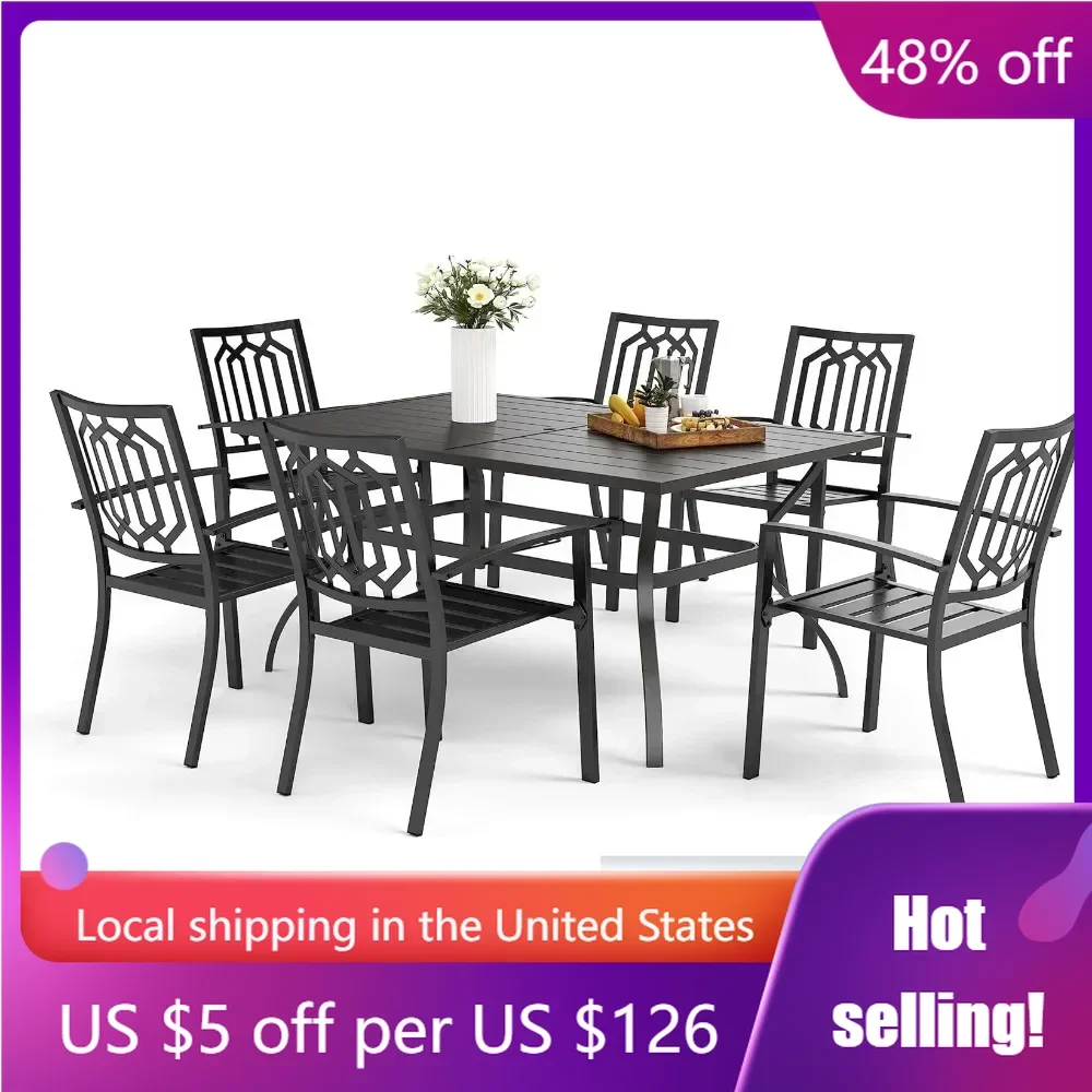 

Camping Equipment 7 Piece Outdoor Dining Table Sets 6 Stackable Metal Chairs and 1 Large Rectangle Table Black Steel Slat Frame