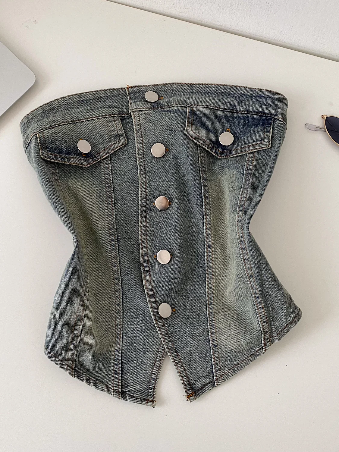 Slim Fit Short Denim Crop Top Women's Spring 2026 Single Button Casual Outerwear Vest Fashion Commute Style Splice Element