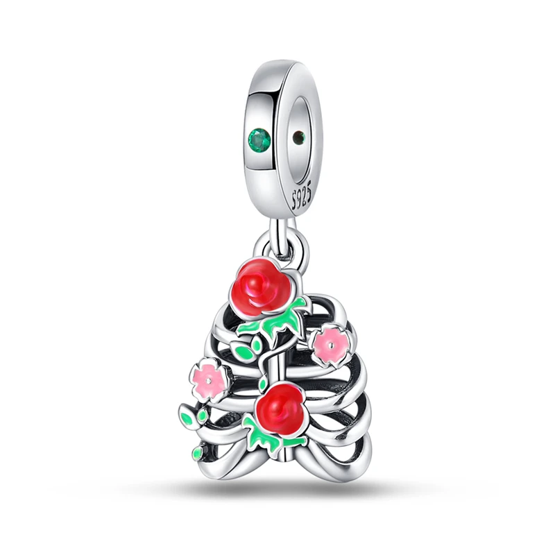 925 Sterling Silver Halloween Red Rose Charms Pendant Fit Original Bracelet DIY Women Valentine'S Day Jewelry Gift