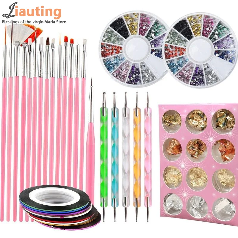 33Pcs Nail Pen Stamp Nail Art Tool With Nail Painting Brushes, Nail Dotting Tool,Nail Foil,Manicure Tape,Rhinestones For Nails