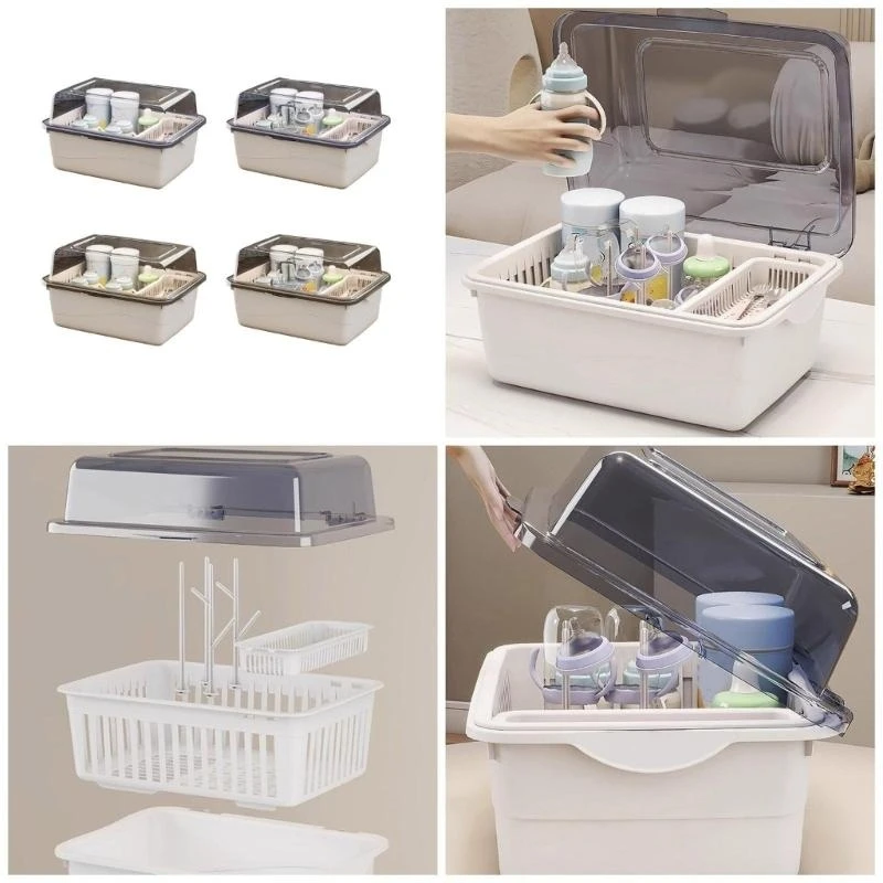 

Dustproof Reusable Container Baby Bottle Storage Box Nursing Bottle with Drying Rack and Clear Cover Portable 24BE