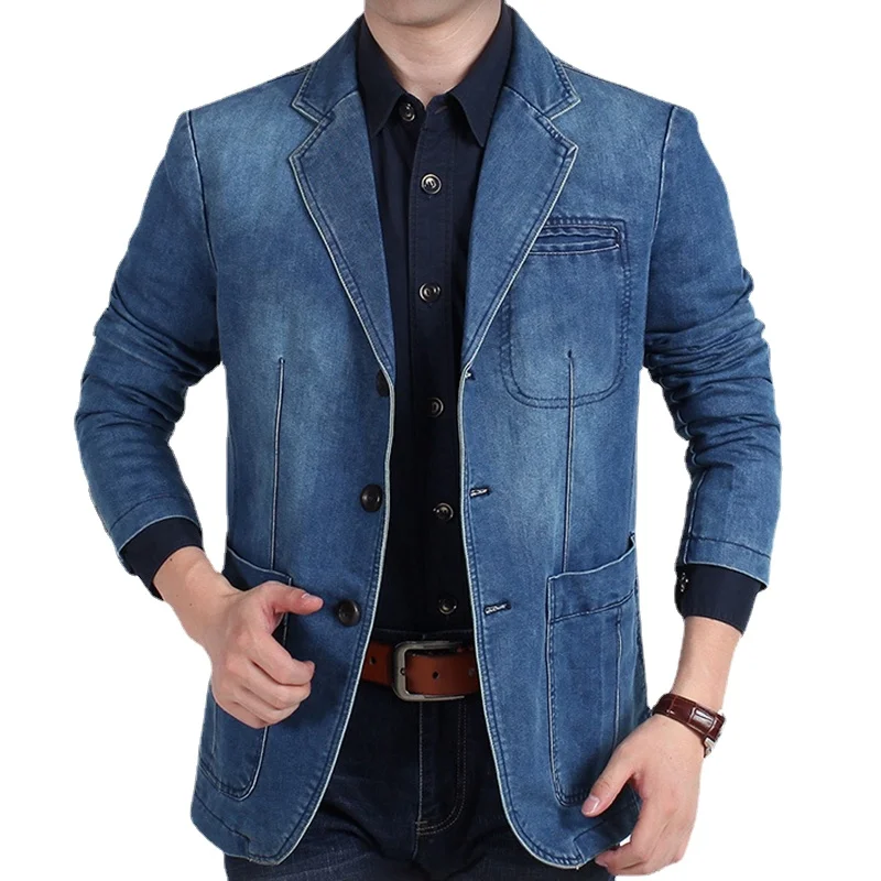 Veste en denim à manches longues pour hommes, blazers à col rabattu, manteau d\'épissage, poche mince, simple boutonnage, décontracté