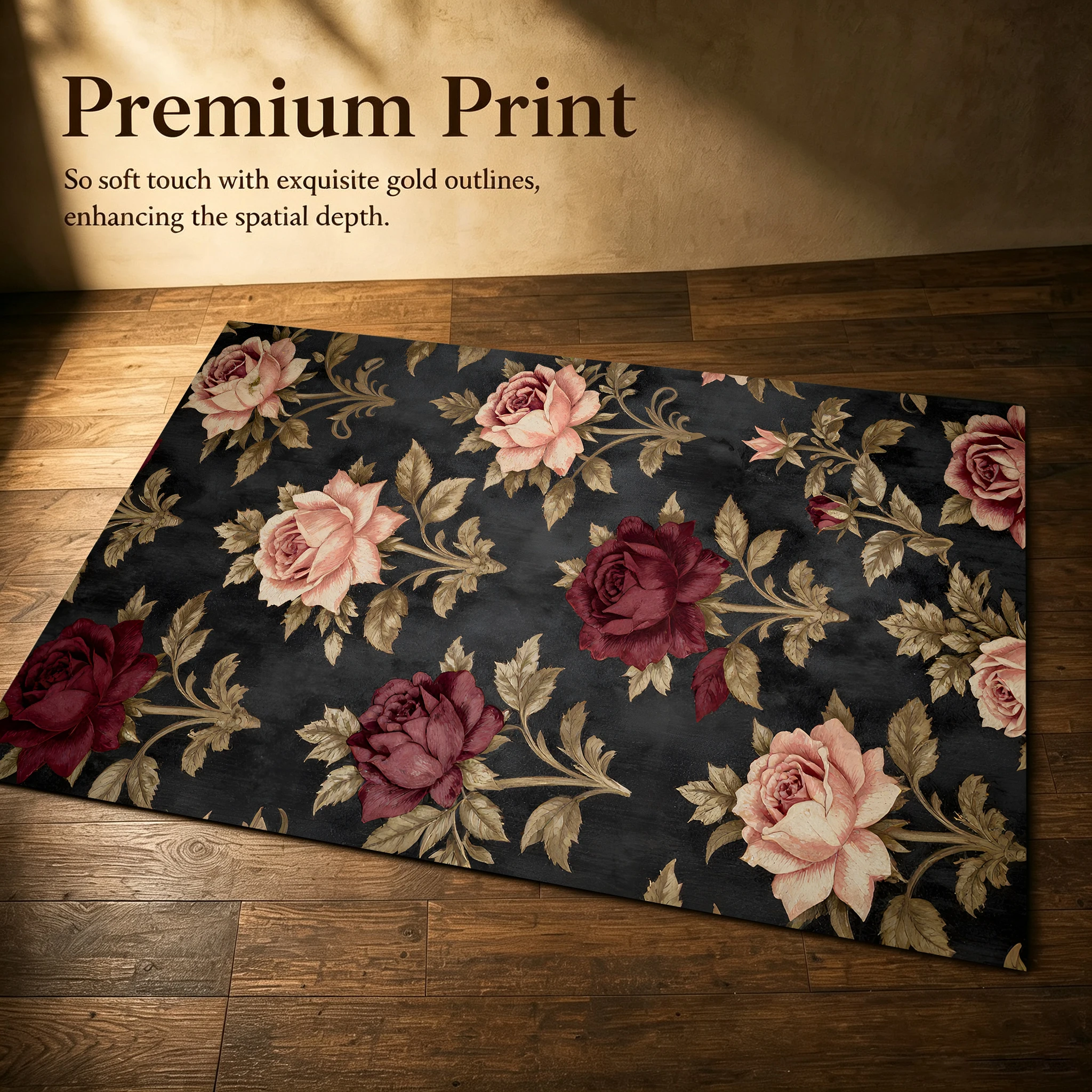 Vintage Mixed-Color Rose and Gold Leaf Print American Retro Style Autumn and Winter Velvet Rug, Suitable for Living Room and Bedroom, Creating a Warm Autumn Harvest Atmosphere