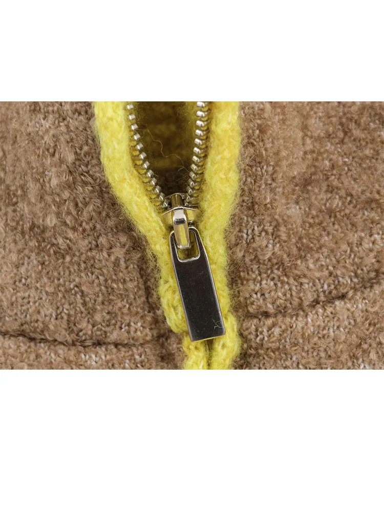 

HH женское зимнее модное вязаное пальто контрастного цвета 2025, женское простое универсальное пальто на молнии с карманом, украшенное теплой курткой