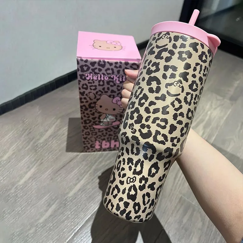 헬로 키티 텀블러 빨대와 손잡이 포함 차량용 컵 스테인리스 스틸 컵 레오파드 디자인 미끄럼 방지 베이스 여행용 머그 물병