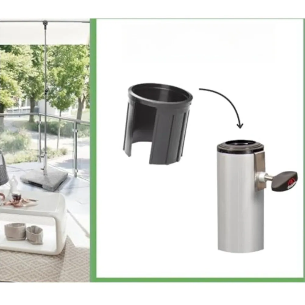 Umbrella Stand Mounting Accessory with Stepwise Reducing Inserts and Repeatable Fixing Screw Adjustment for All-Season Use
