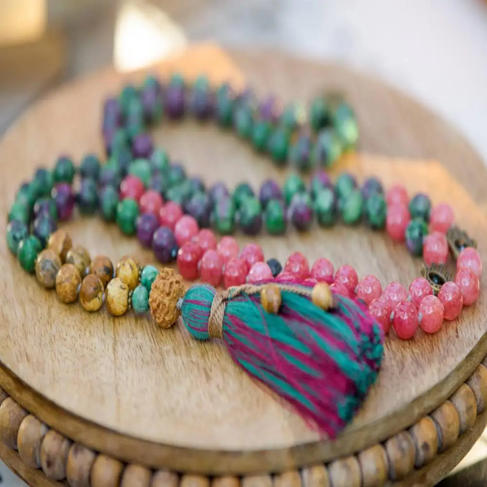 

Natural 7 Chakra Mixed Gemstone 108 Beads Mala Necklace with Rudraksha Pendant Colorful Tassel Healing Crystal Jewelry