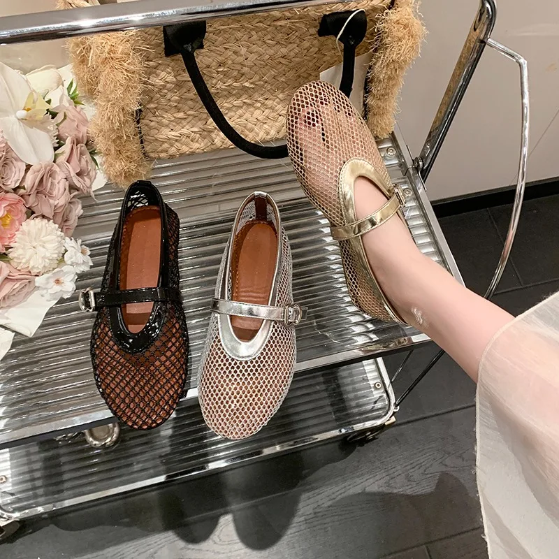 Designer Summer Wear Round Toe Straight Buckles, Casual Comfortable Women's Flats Cut-out Mary Jane Single Shoes Fishnet Shoes