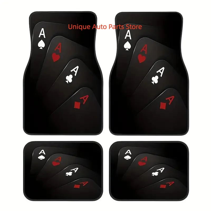 4pcs Poker Style Rubber Floor Mats - Non-Slip, Easy-Clean Car Mat with Ace of Spades Design, Synthetic Rubber, Perfect for Front