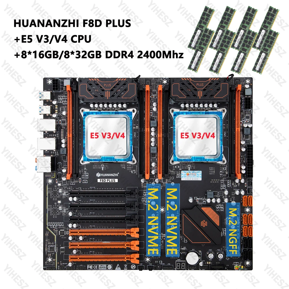 HUANANZHI X99 F8D PLUS Motherboard Set Processor LGA 2011-3 With E5 V3/V4 CPU*2 8*16G/8*32GB DDR4 2400Mhz RAM Support M.2 NVME
