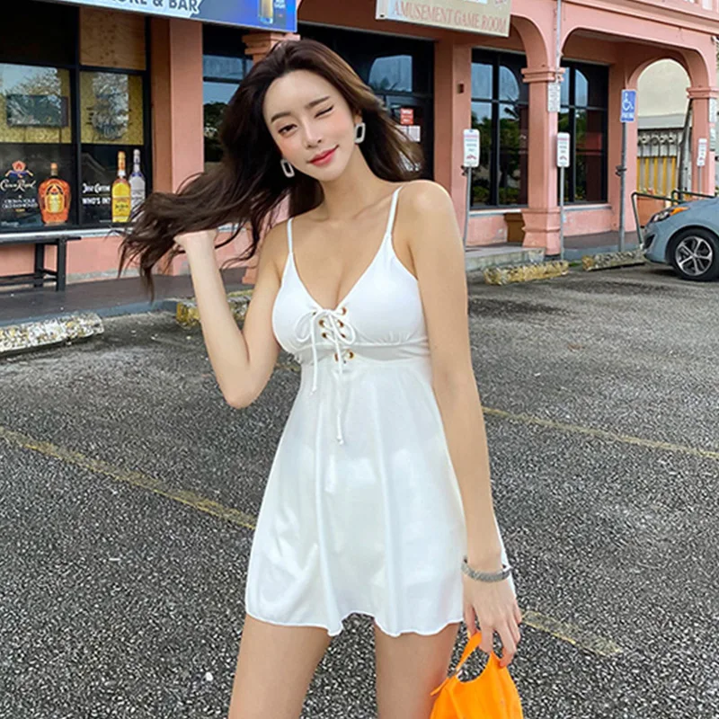 2024 Trendy Hollow Out Lace-up Bikini Women Solid Backless Dress Swimwear One Piece Simple Casual Female Push Up Beach Swimsuit