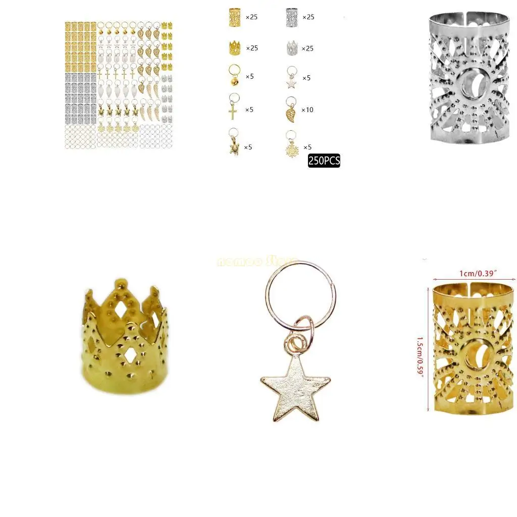

31BF 250 Pieces Hair Braid Rings Metal Alloy Crown Cuffs Gold Silver Dreadlocks Penda