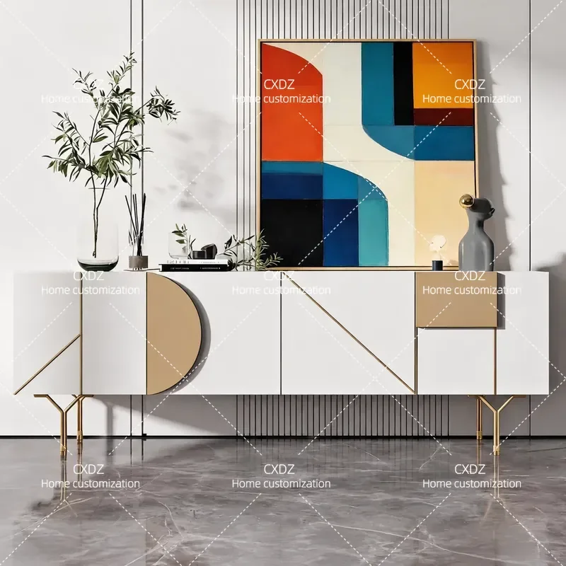 Light Luxury Paint TV Cabinet for Living Room Small Apartment White Audio Visual Cabinet Black Floor Cabinet Solid Wood