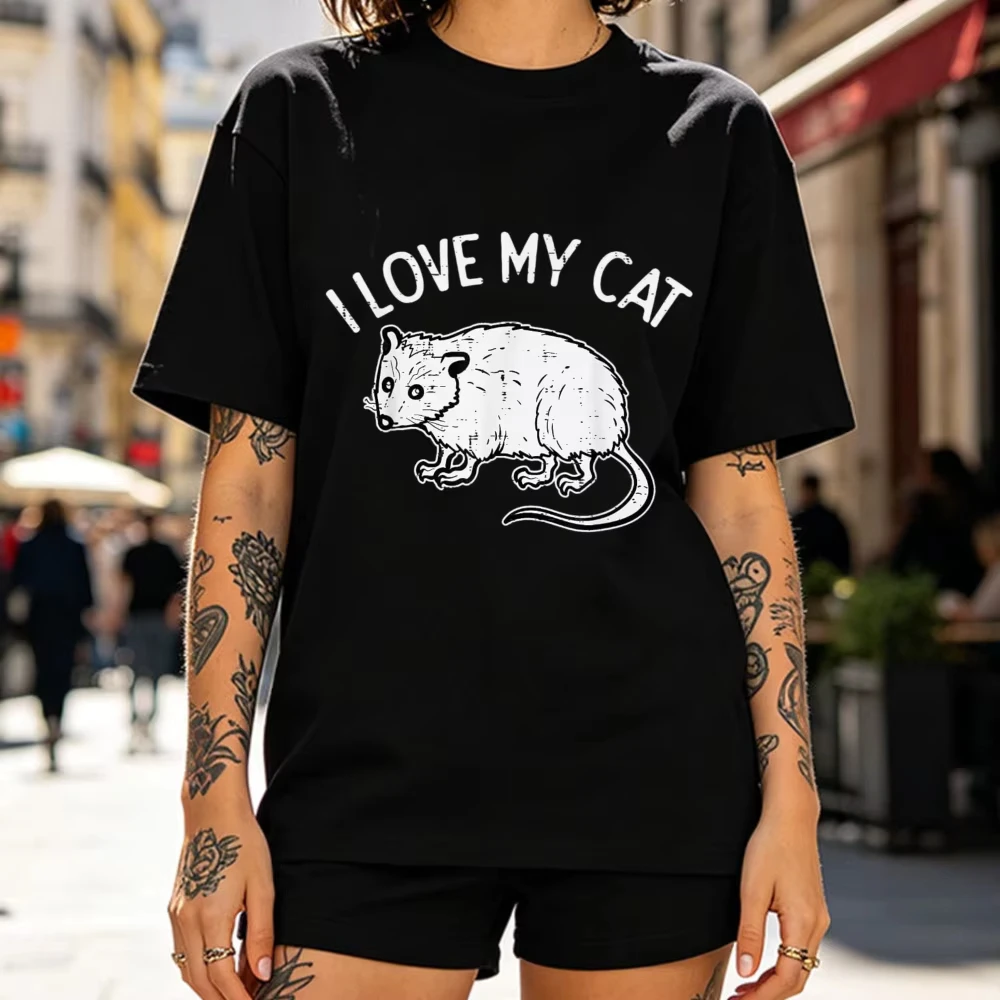 I Love My Cat with Rat Design Round T-Shirt Shape Streetwear Graphic T Shirts Funny Outdoors High Quality Cotton Short-sleev