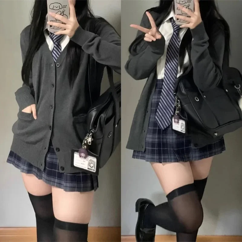 JK Knitted Cardigan Jacket Y2K Japanese School Uniform Sweater Cute Pink Blue Black Button Up Jacket For Women Students Top New