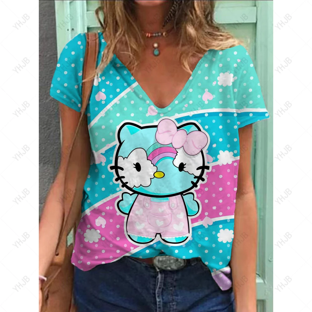 2025 Vendita calda estiva T-shirt con scollo a V da donna carina Stampa 3D Hello Kitty Cartoon T-shirt da donna Top Abbigliamento divertente Manica corta