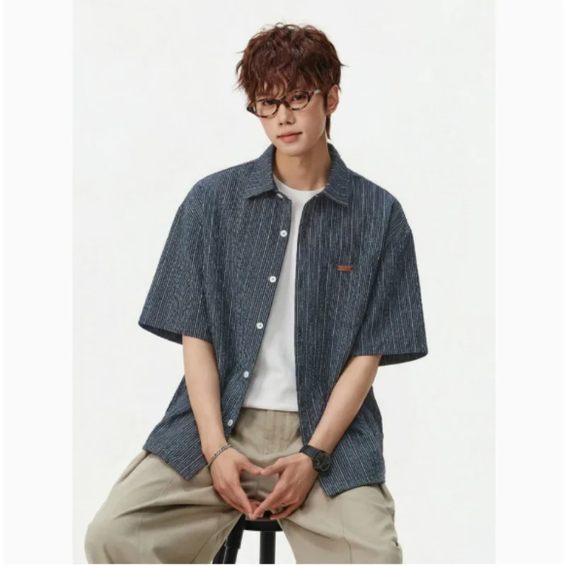 Striped Solid Color Shirts Mans Summer New Vintage Baggy Casual Shirts for Couples Fashion Vintage Clothing