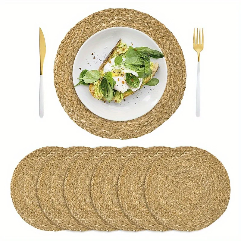 6pcs Set Natural Woven Placemats - Round, Heat-Resistant Table Mats for Dining & Outdoor Use, Farmhouse Bohemian Style