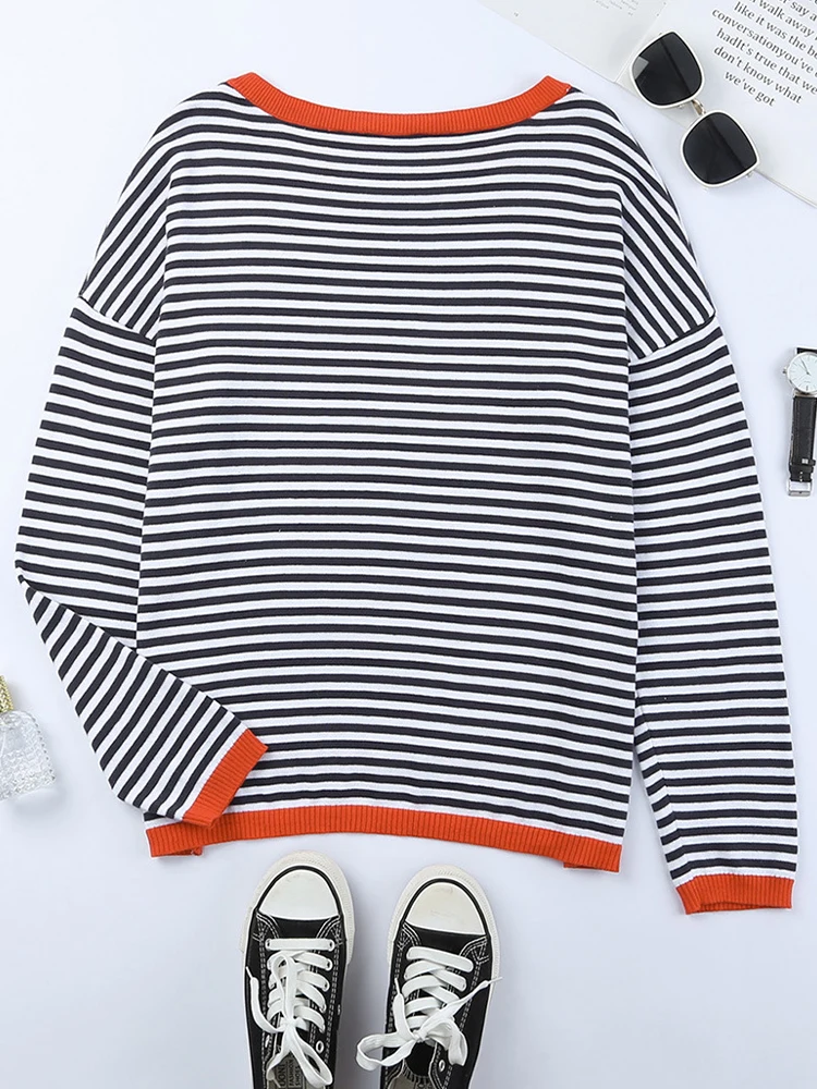 Striped Sweater Women Simple Casual Loose O Neck Knitted Pullover Female Autumn Winter Vintage Long Sleeve All Match Knitwears