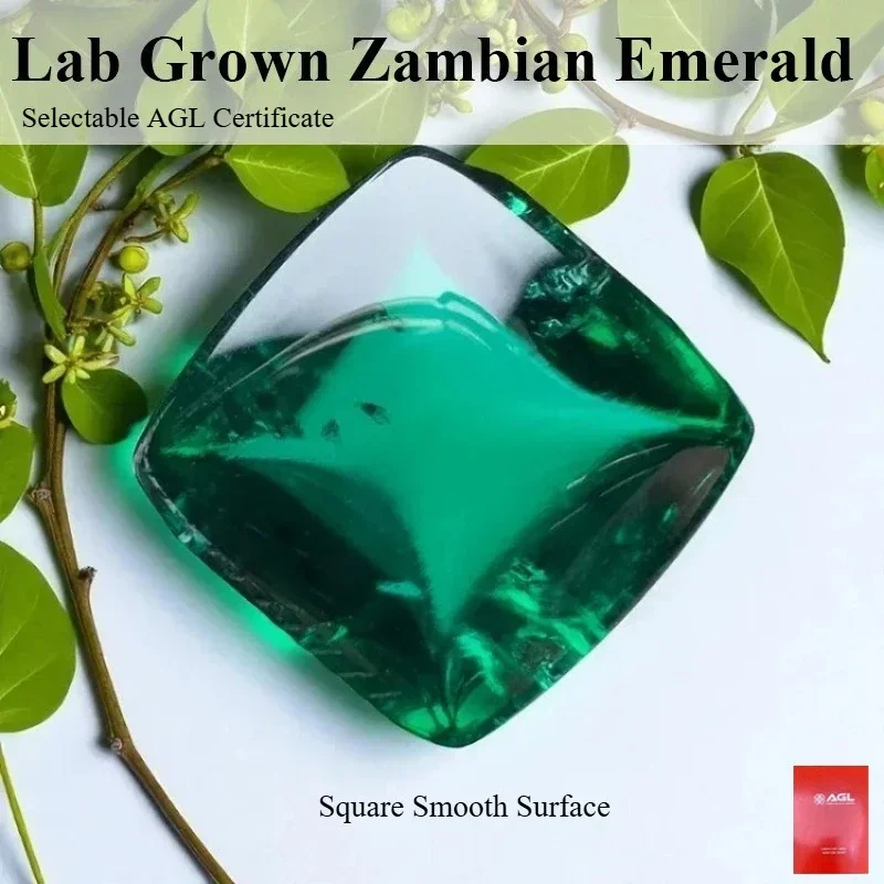 Lab Grown Zambian Emerald- Hydrothermal, Hand-Cut, Square Smooth Surface, with Cracks Inclusions, Selectable AGL Certificate