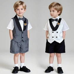 Children Formal Suit Summer New Boys School Performance Costume Gray Point British Vest Blazer Set Kids Birthday Wedding Gown