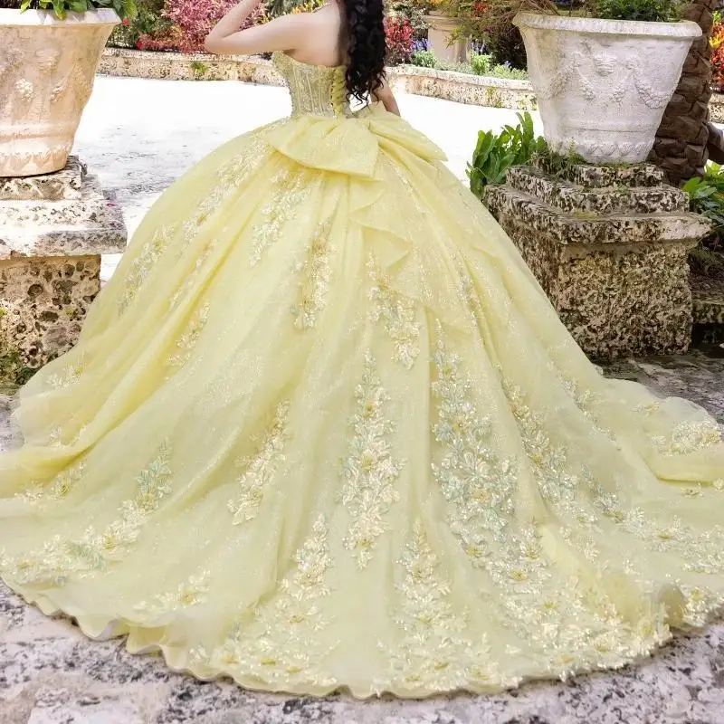 Yellow  Elegant Princess Sweet 16 Quinceanera Dresses   Applique Beads Bow Tull Corset Party Birthday Vestides De Customized