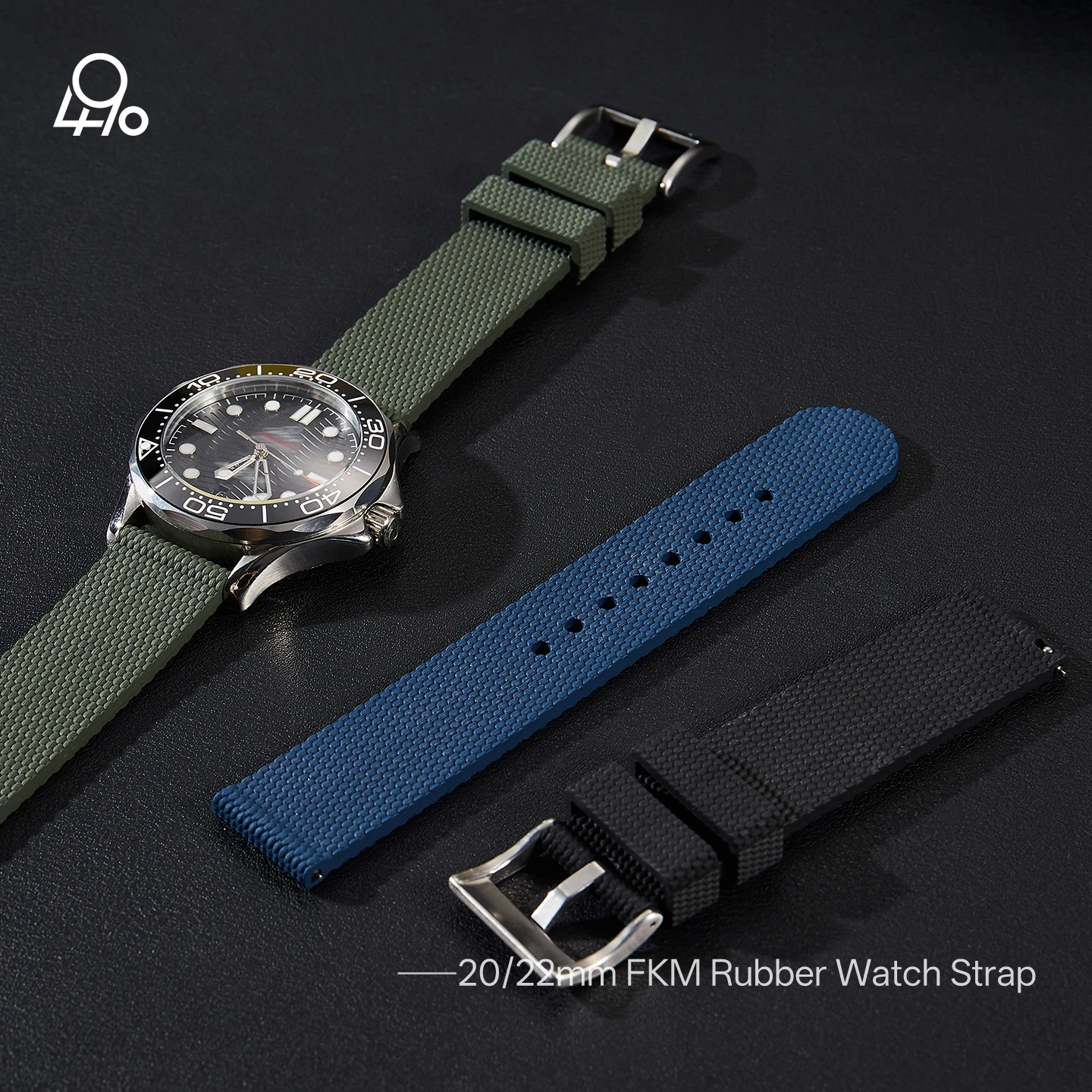 

20MM/22MM FKM Rubber Watch Strap Black Navy Fluororubber Watch Band Men's Rough Weaving pattern Watchband