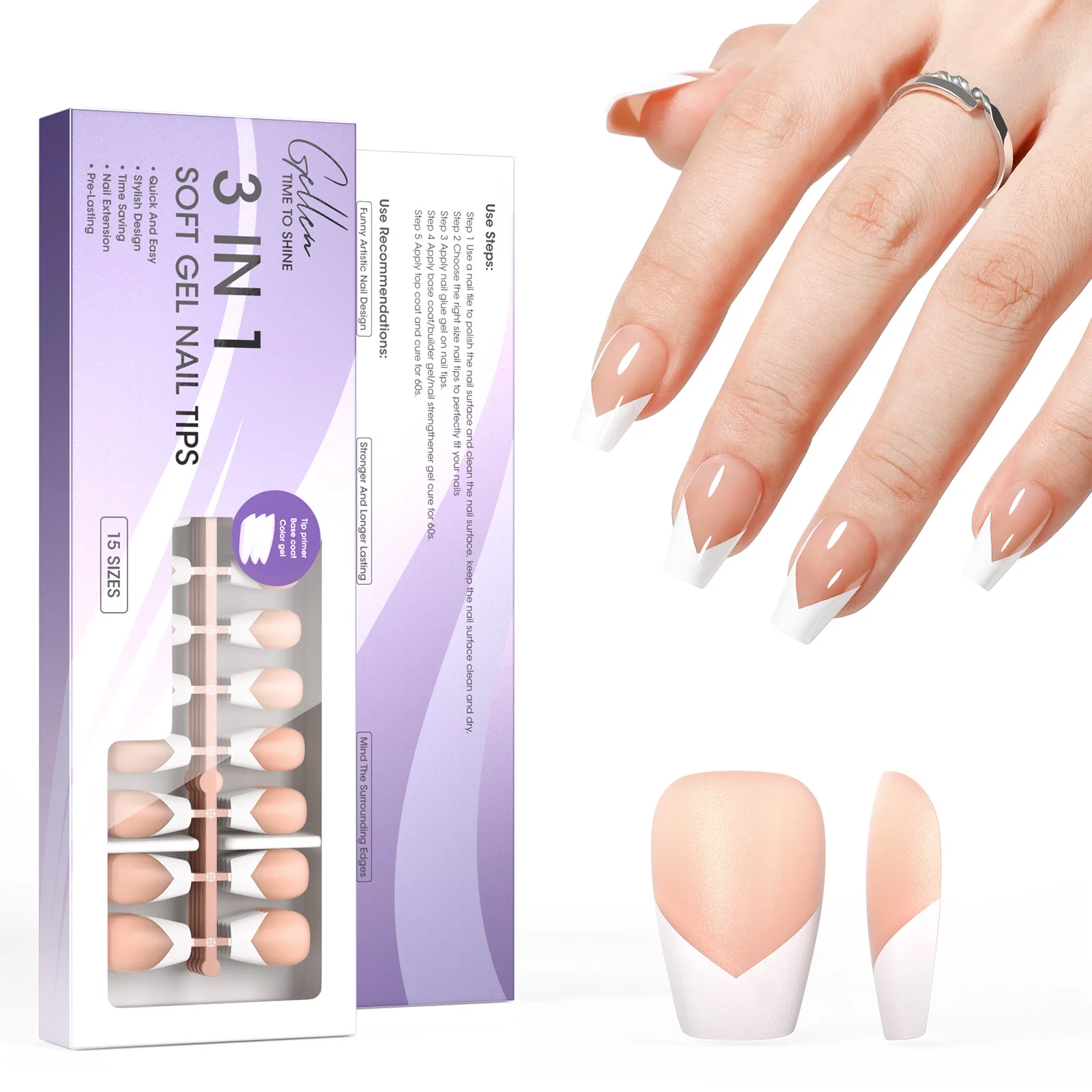 

Gellen French Soft Gel Nail Tips False Nails Woman 3 in 1 Pre-french Gel Nail 150 Pcs 15 Sizes Short Brown Short Square Press