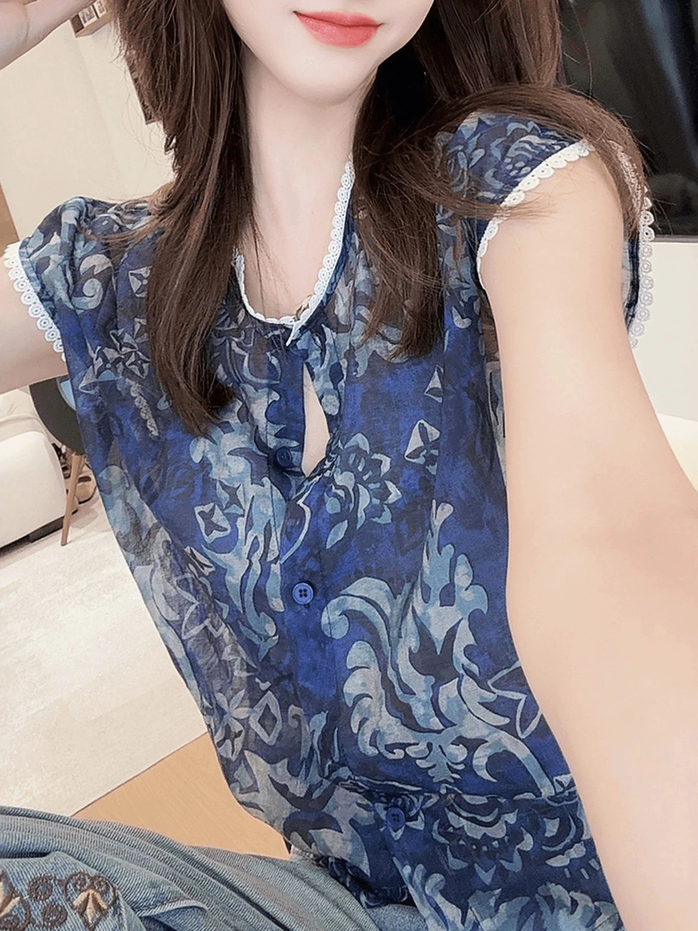 Lace Splice Bloemenprint ort Sve Dames irt Zomer 2025, Nieuwe Unieke Mooie Kleine Flng Sve Top Faionable Comm...