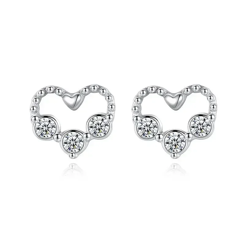 VWE1 Heart Shape Pave Rhinestone CZ Stone Ice Out Stud Earring Bling Copper Earrings