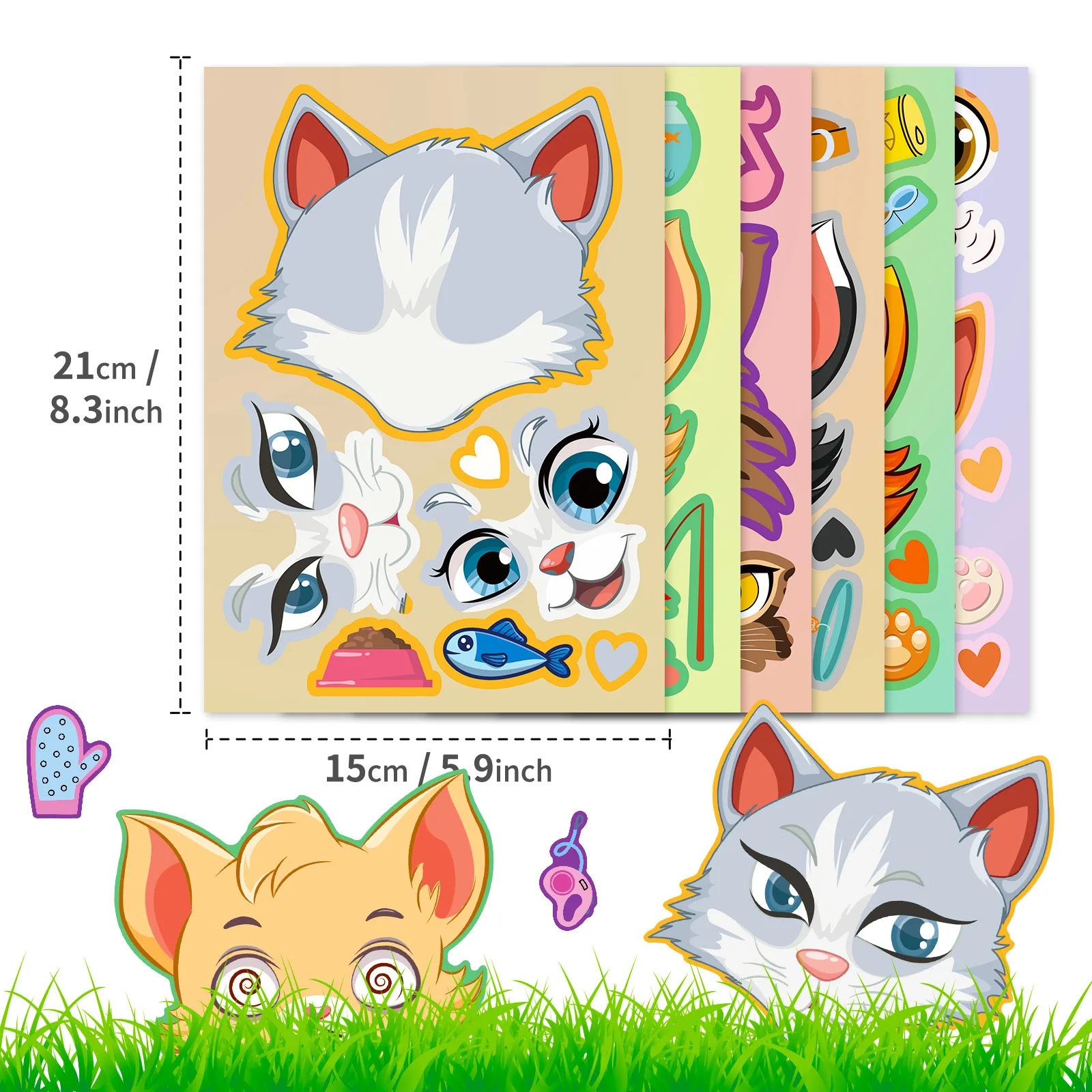 6pcs/Pack Cartoon Cat Make-a-Face Puzzle Stickers, Interchangeable Face Parts DIY Office Stationery Decor Stickers