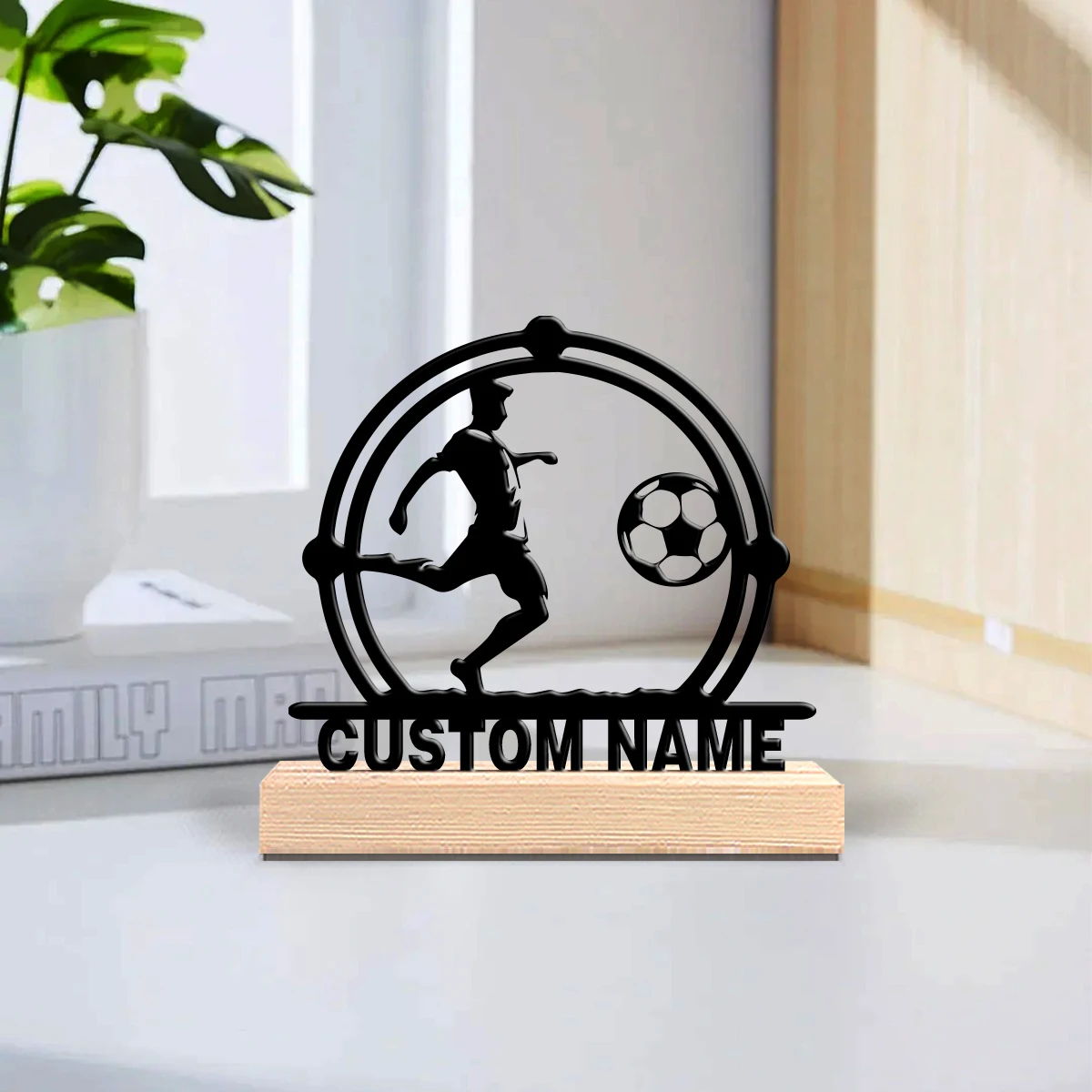 1pc Modern soccer sport Customized Text Iron Statue Iron Ornament Tin Sculpture With Wood Base Art Figurine With Wood Base