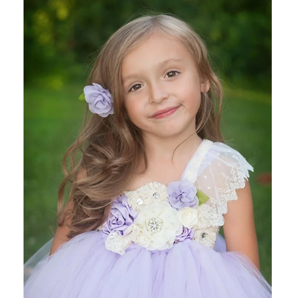 Beige, Lilac, Blush Pink Flower Girl Tutu Dress One Shoulder Lace Princess Ball Gown Dress for Girls Kids Party Wedding Dresses