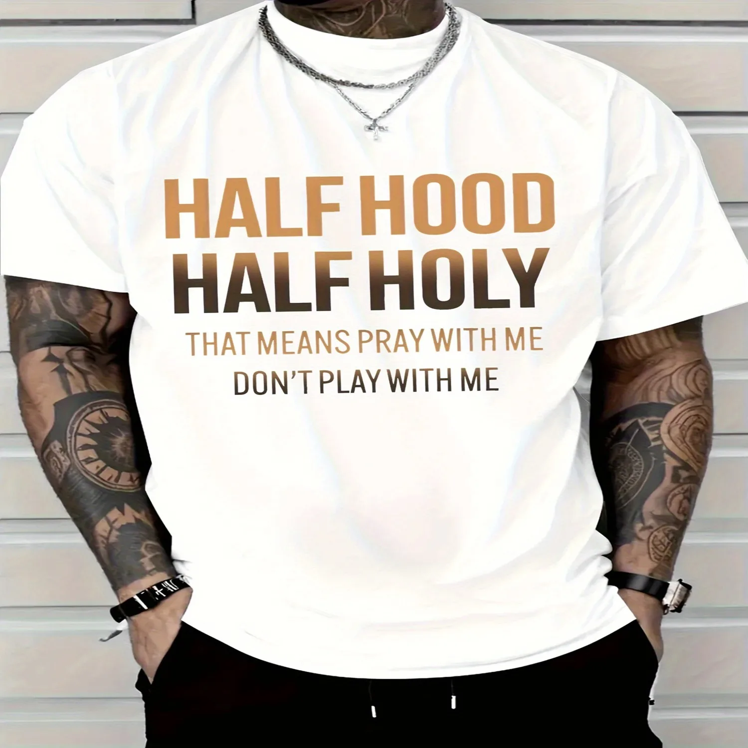 Men'S Casual T-Shirt _ _Half Hat Half Day Prayer I Don't Play I Don't_ Print Short Sleeve Round Neck Top, White with Bold Brown Letters, Four Seasons Comfortable, Machine Washable, Urban Style, D Funny Shirt, Cute Tee,