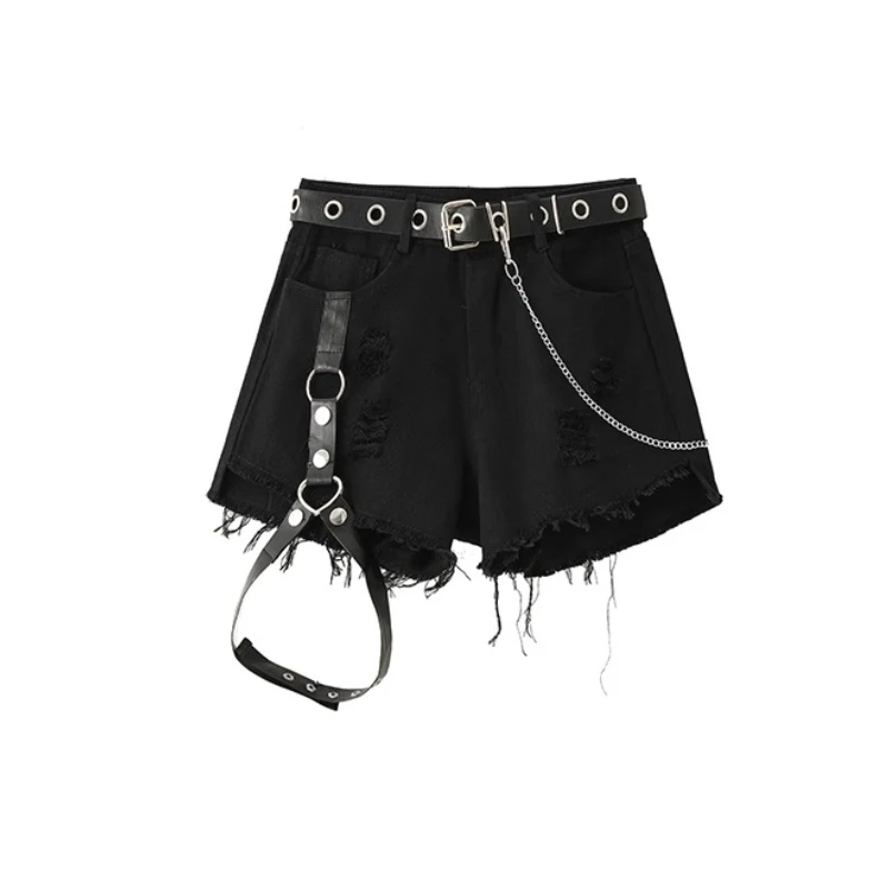 2025 New Japanese Dark Punk Style Frayed Feeling Hot High Waist Leather Buckle Leggings Micro-pull Socks Denim Shorts For Women