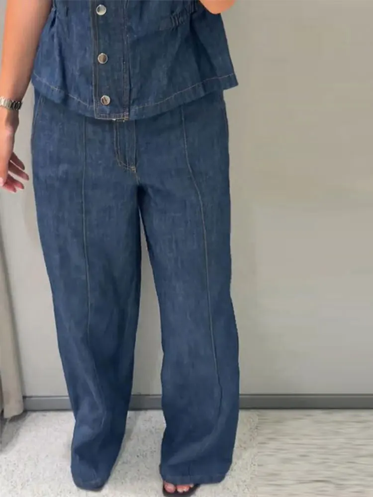 Ärmelloses Jeanswesten-Hosen-Set für Damen mit elastischem Bund, Stehkragen-Oberteil mit Knopfleiste und gerader Hose – Schickes Streetwear-Outfit für die moderne Dame – Detail 11