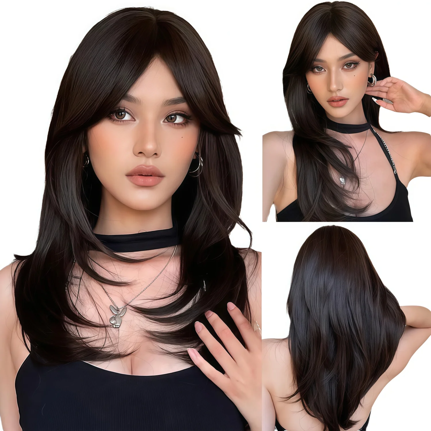 شعر صناعي مفرود بني متوسط الطول، طراز أوروبي وأمريكي للنساء مناسب للارتداء اليومي وأعياد الميلاد