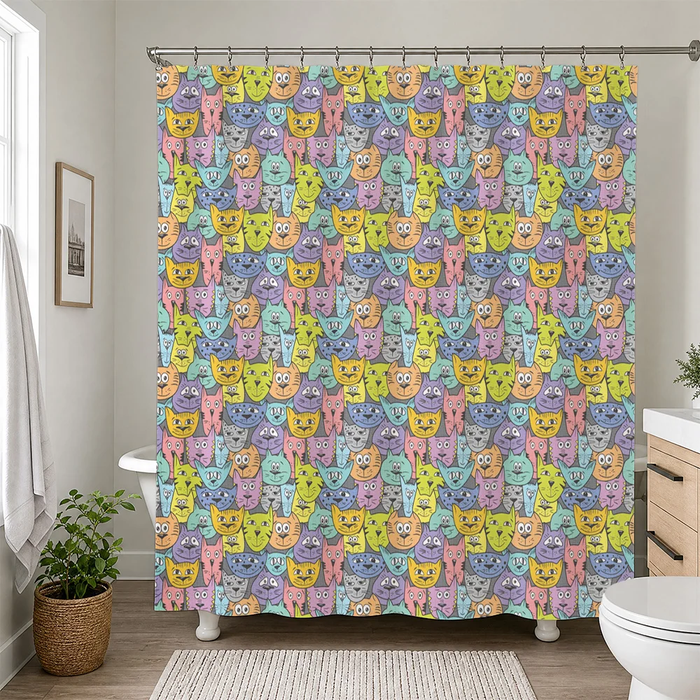 Waterproof Cat Face Shower Curtain Funny Pet Animal Pattern Bathroom Shower Liner Decoration Curtain Home Decor Gift Idea